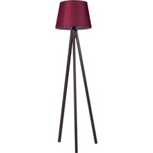 Empressco Üç Ayaklı Lambader Tripod Abajur 3 Ayaklı Ahşap Lamba Konik Kumaş Bordo Ceviz