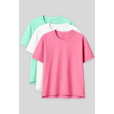 Oversize Fit Basic O Yaka 3lü Paket Su Yeşili-Beyaz-Şeker Pembe Kadın T-Shirt  97285