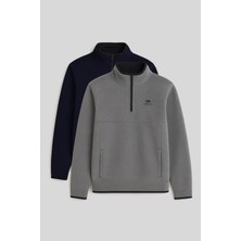 Tommy Life Dik Yaka Yarım Fermuarlı 2li Paket Lacivert-Gri Melanj Erkek Polar Sweatshirt - 87891