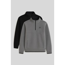 Tommy Life Dik Yaka Yarım Fermuarlı 2li Paket Siyah-Gri Melanj Erkek Polar Sweatshirt - 87891