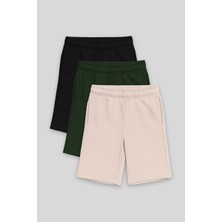 Standart Fit Basic 3lü Paket Siyah-Çam Yeşili-Bej Erkek Çocuk Şort - 11293