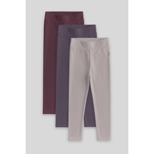 Standart Fit Basic 3lü Paket Eflatun-Koyu Bej-Kahverengi  Kız Çocuk Tayt - 75047