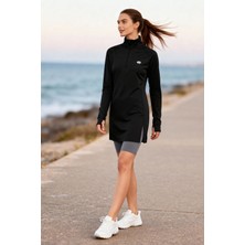 Siyah Yarım Fermuarlı Dik Yaka Standart Kalıp Kadın Sporcu Tunik - 97309