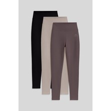Slim Fit 3lü Paket Koyu Bej-Kahverengi-Siyah Kadın Tayt - 94011