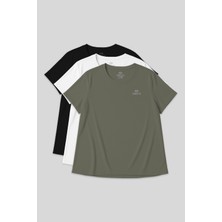 Tommy Life Rahat Form 3lü Paket Siyah-Beyaz-Haki Büyük Beden Performans Kadın T-Shirt-97308