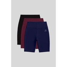 Slim Fit 3lü Paket Siyah-Indigo-Bordo Kadın Kısa Biker Tayt - 91007