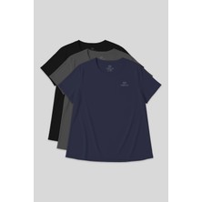 Tommy Life Rahat Form 3lü Paket Siyah-İndigo-Koyu Gri Büyük Beden Performans Kadın T-Shirt-97308