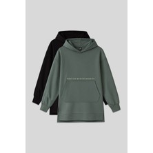Oversize Kapüşonlu 2li Paket Siyah-Çağla Kadın Tunik Sweatshirt - 97163