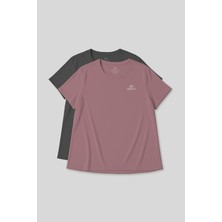 Tommy Life Rahat Form 2li Paket Koyu Gri-Gül Kurusu Büyük Beden Performans Kadın T-Shirt-97308