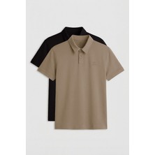 Tommy Life Standart Fit Basic Polo Yaka 2li Paket Siyah-Koyu Bej Erkek T-Shirt - 87748