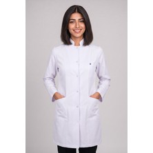 Deniz İş Kadın Hakim Yaka Uzun Kol Uzun Boy Çıtçıtlı Beyaz Alpaka Doktor ve Hemşire Önlüğü