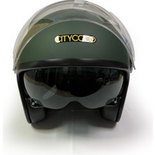 1001 Citycoco Motosiklet Yarım Kask , Mat Yeşil, Çift Vizörlü, Vintage Stil, Terletme Yapmaz Pedler