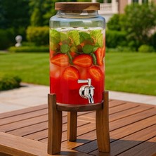 1001 Musluklu Cam Sebil 3l Ahşap Standlı Soğuk Içecek Dispenseri Çilekli Detoks Limonata ve Sunumlu