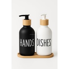 1001 Busstier Bulaşık Deterjanlık ve Sabunluk Seti Bambu Tepsili Şık Ikili Set Siyah Beyaz Modern T