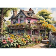 1001 Nova Puzzle 1000 Parça Ayçiçekli Pembe Ahşap Ev Puzzle - Pembe Köy Evi