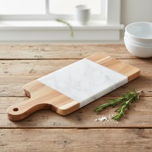 1001 Deconox Akasya Mermer Sunumluk 33X13 cm - Doğal Ahşap ve Beyaz Mermer Detaylı Peynir, Şarküteri