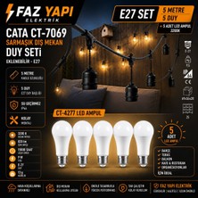Cata CT-7069 + CT-4277 Hazır Set | 5 Metre Sarmalık Dış Mekan Aydınlatma + 5 Adet LED Ampul (3200K)