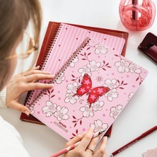 1001 A4 Spiralli Karton Kapak 2’li Set Çizgili Okul Defteri 80 Yaprak, Ders Programlı Pembe Kelebek