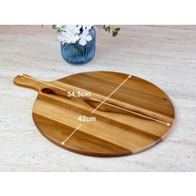Limon Dekor Doğal Akasya Ağacı Yuvarlak Pizza ve Sunum Tahtası, Saplı Büyük Boy (Jumbo Uyumlu) Ahşap Şarküteri Tepsisi (42 x 54,5 x 1,5 Cm)