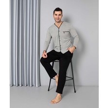 Guava Homewear Erkek V Yaka Önden Düğme Gömlek Yaka Göğüs Cepli Pamuklu Cepli Uzun Kol Mevsimlik Pijama Takımı