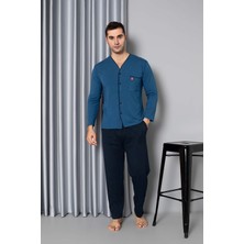 Guava Homewear Erkek V Yaka Önden Düğme Gömlek Yaka Göğüs Cepli Pamuklu Cepli Uzun Kol Mevsimlik Pijama Takımı