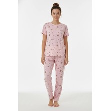 Kompedan Kadın Bisiklet Yaka Yumuşak Dokulu Ayıcık Desenli Kısa Kol Pijama Takım | Pembe 70132-4603