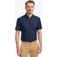Pierre Cardin Erkek Lacivert Keten Karışımlı Regular Fit Kısa Kollu Gömlek 50325340-VR033