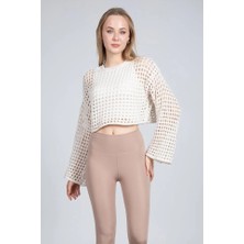 Ekru Ajurlu Crop Bluz