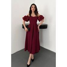 Altunay Atölye Bordo Kolları Balon Pileli Atlas Elbise