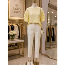 Lavin’s Luxury Pastel Sarı Balon Kol Düğme Detaylı Oversize Kadın Tişört