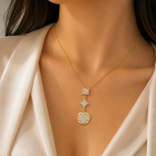 İpek Gold Renk Geometrik Taş Detaylı Çelik Kolye