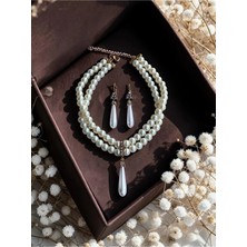 Fayra Accessories Kristal Taşlı Inci Sallantılı Tasma Inci Kolye ve Inci Küpe