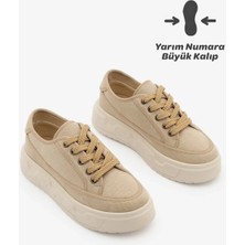 Marjin Kadın Sneaker Yüksek Kalın Desenli Ultra Hafif Taban Bağcıklı Spor Ayakkabı Ergu Bej Keten