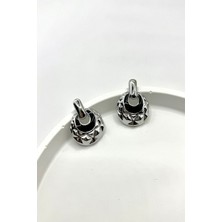 Kadın Küpe 3 cm Geometrik Desen Siyah Mineli Hilal Model Küpe