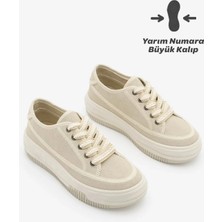 Marjin Kadın Sneaker Yüksek Taban Bağcıklı Bez Spor Ayakkabı Kotnel Bej Süet