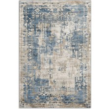 Pastel Home Tasarım Çift Taraflı Yıkanabilir Şönil Halı Kilim Yolluk Eskitme Çerçeveli Mavi