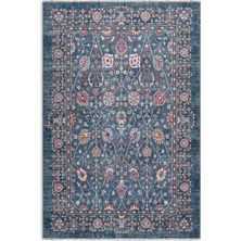 Pastel Home Eskitme Mavi Etnik Desenli Şönil Kendinden Saçaklı Halı Kilim Yolluk Yıkanabilir Kaymaz Taban