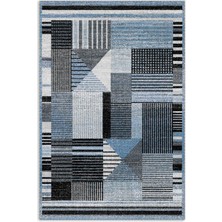 Pastel Home Modern Geometrik Şönil Halı Kilim Yolluk Mavi Gri Siyah Kaymaz Taban Yıkanabilir Saçaklı