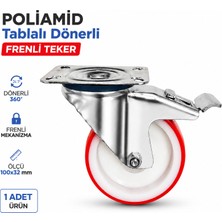 Badem10 Poliamid Tablalı Dönerli Frenli Teker 1 Adet 100X32 mm Kırmızı Endüstriyel Mobilya Makine Tekerleği