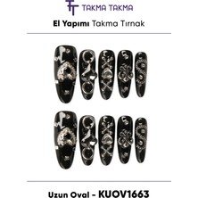 Takma Takma KUOV1663 - 1663 Uzun Oval - 10'lu Tekrar Kullanılabilir El Yapımı Protez Takma Tırnak - Siyah-M