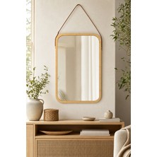 Naturel Dekor Bambu Deri Askılı Dikdörtgen Dekoratif Ayna 57 Cm, Bohem, Iskandinav, Modern, Hasır, Bambu