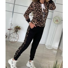 İkales Ikales Kadın Uzun Kollu Önden Fermuarlı Leopar Desen Detaylı Viskon Iki Iplik Kumaş Ikili Takım