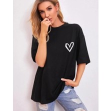İkales Ikales Bisiklet Yaka Baskılı Oversize T-Shirt - Siyah