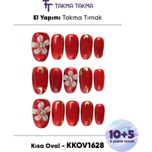 Takma Takma KKOV1628 Kırmızı Kısa Oval 15'li Tekrar Kullanılabilir El Yapımı Protez Takma Tırnak - Kırmızı-L