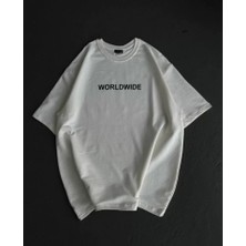 İkales Ikales Unisex Bisiklet Yaka Baskılı Oversize T-Shirt - Beyaz