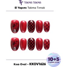 Takma Takma KKOV1626 Kısa Oval 15'li Tekrar Kullanılabilir El Yapımı Protez Takma Tırnak - Kırmızı-M
