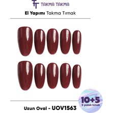 Takma Takma 15'li Bordo Uzun Oval UOV1563 Tekrar Kullanılabilir El Yapımı Protez Takma Tırnak - Bordo-XS
