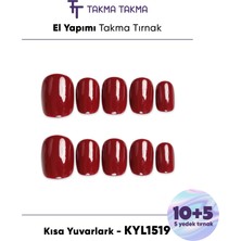 Takma Takma 15'li Bordo Kısa Yuvarlak KYL1519 Tekrar Kullanılabilir El Yapımı Protez Takma Tırnak - Bordo-XS