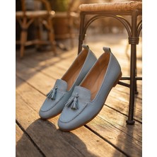 Futsi Shoes Mılet Mavi Hakiki Deri Püsküllü Loafer Kadın Babet