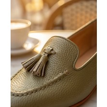 Futsi Shoes Mılet Yeşil Hakiki Deri Püsküllü Loafer Kadın Babet